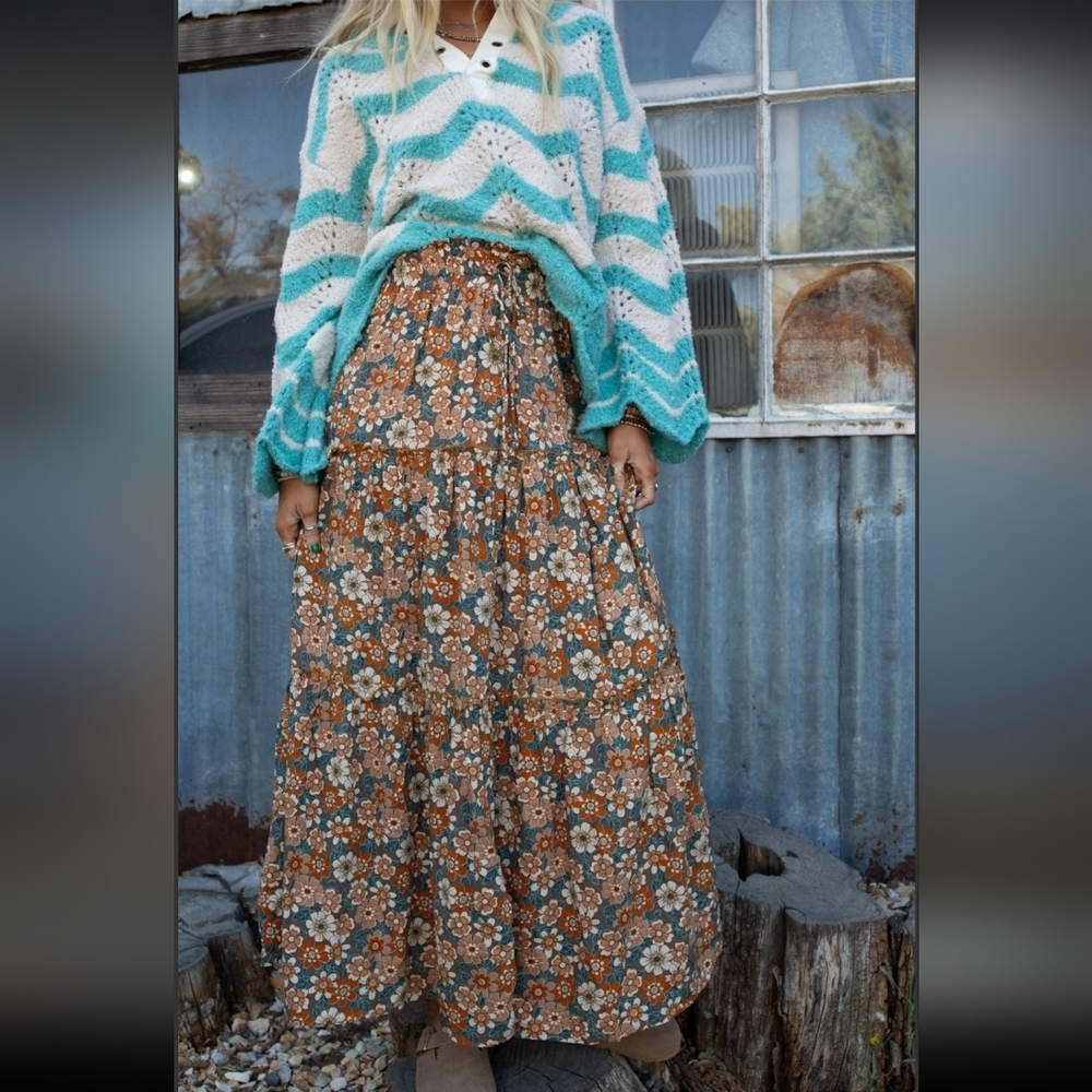 Retro Floral Print Rayon Maxi Skirt - Picture 6 of 6